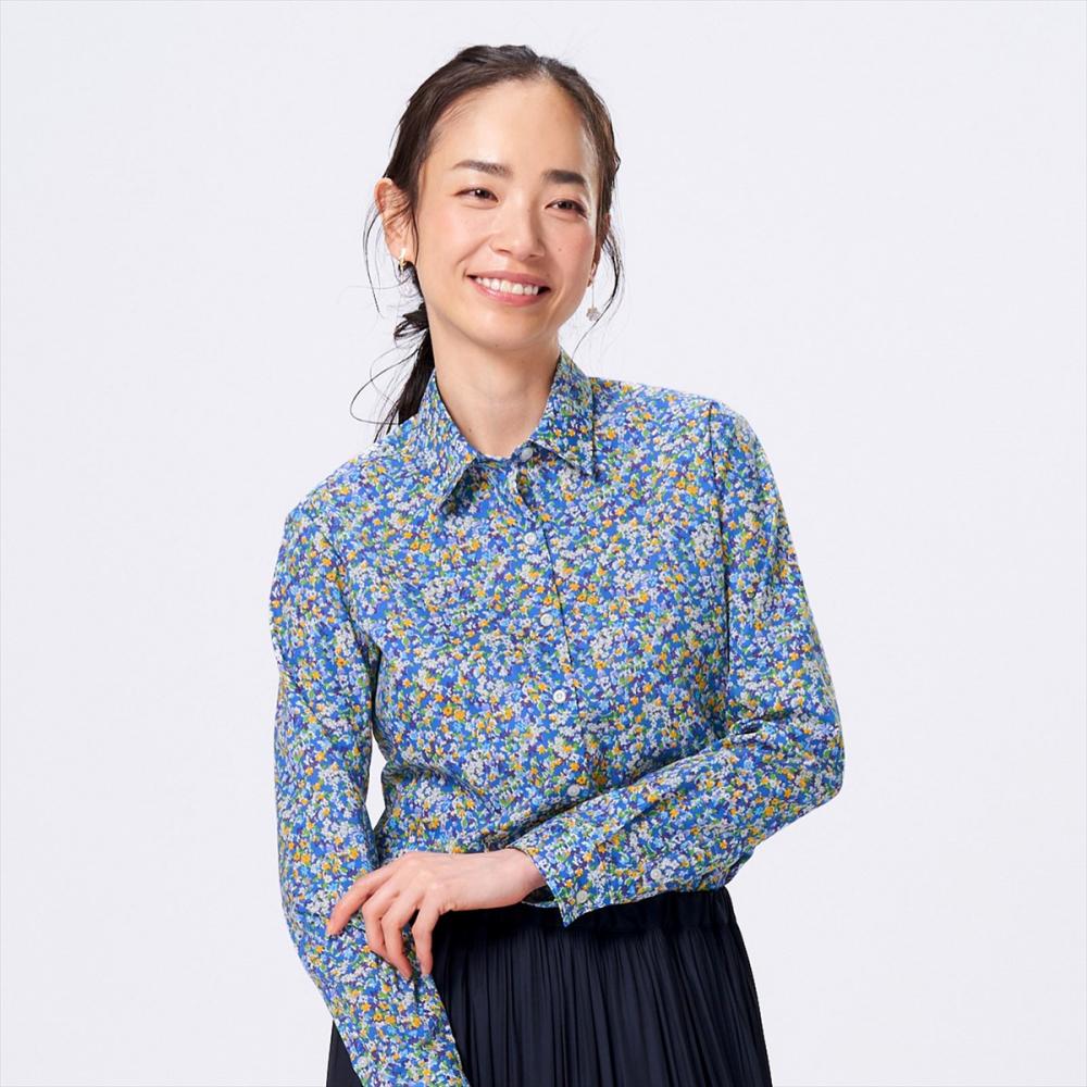 レギュラー 長袖 形態安定 レディースシャツ 綿100%(S ブルー): 東京